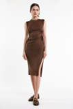 Flash Sale                Saddle Brown Sleeveless Ruched Side Cut Out Slit Hem Midi Dress