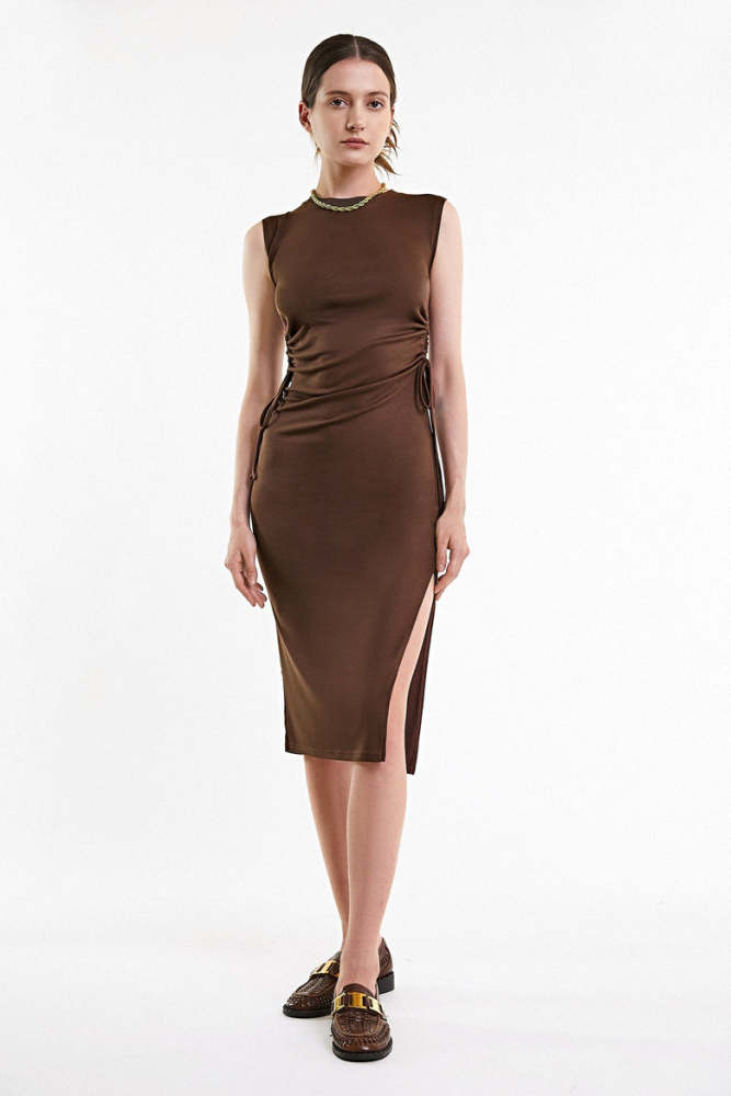 Flash Sale                Saddle Brown Sleeveless Ruched Side Cut Out Slit Hem Midi Dress