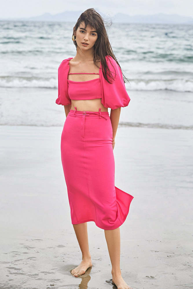 Deep Pink Puff Sleeve Crop Top & High-Waisted Midi Skirt Two-Piece Set