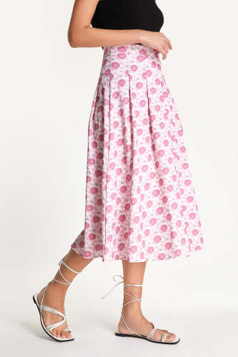 Pink Floral Print Flowy Midi Skirt