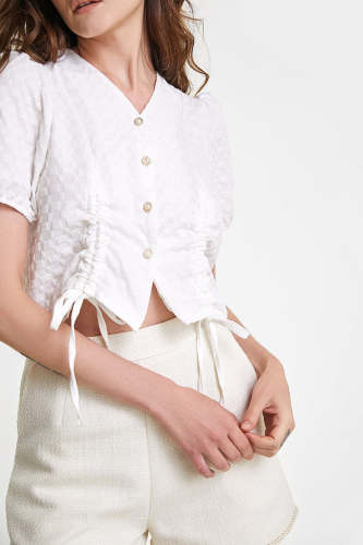 White Textured Drawstring Front Faux-Pearl Button Blouse