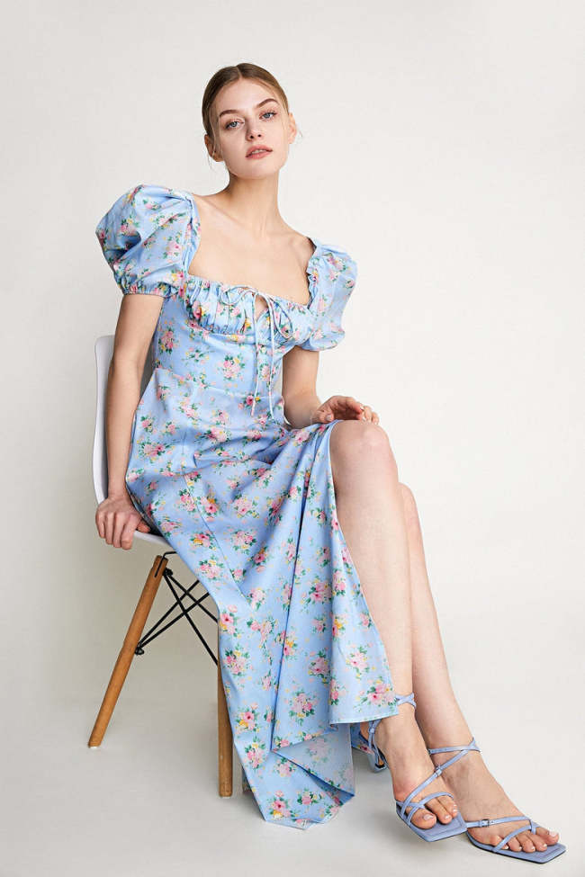 Light Sky Blue Floral Print Square Neck Tie Detail Slit Hem Maxi Dress