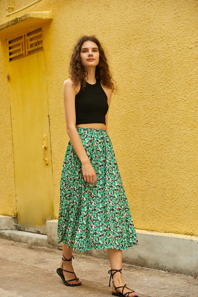 Green Floral Print Elastic Waist Crinkled Midi Skirt