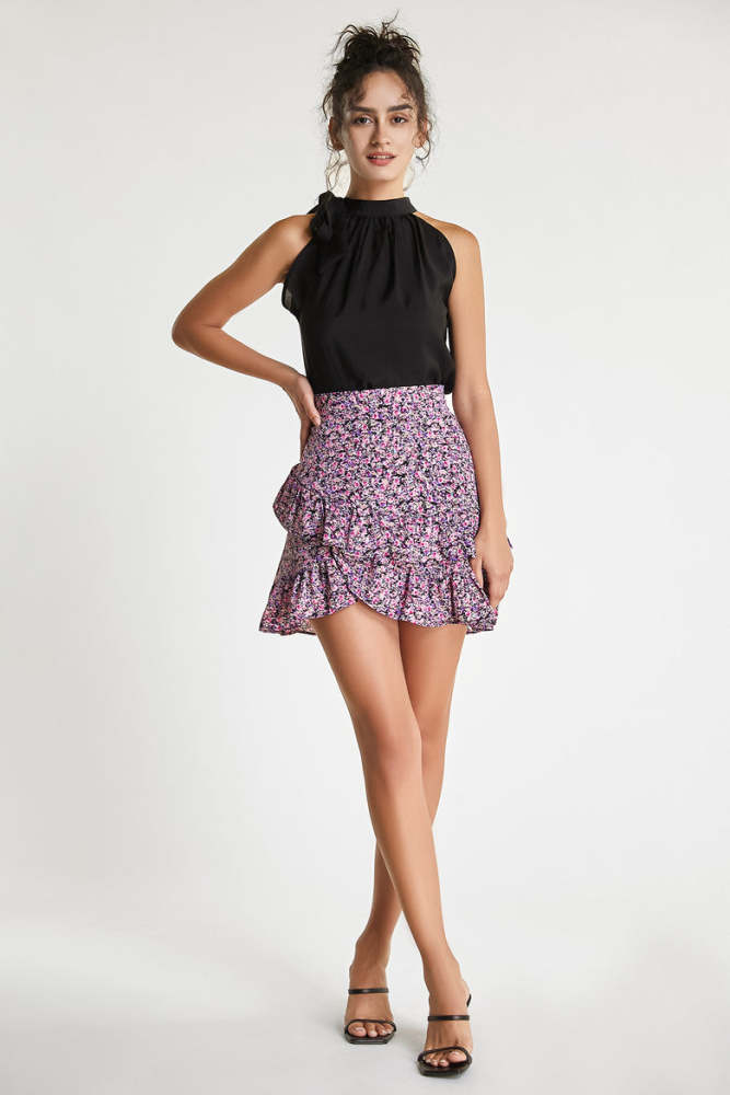 Pink Floral Print Asymmetric Ruffle Tiered Mini Skirt