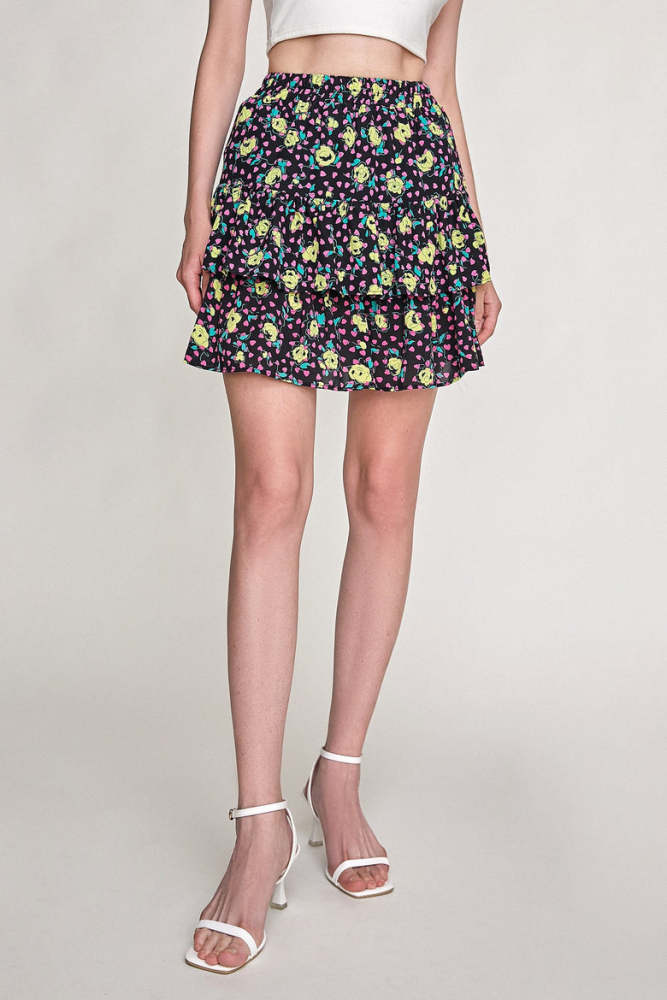 Black Floral Print Elastic Waist Ruffle Tiered Mini Skirt