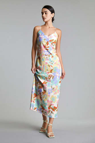 Multicolor Floral Print V-Neck Midi Dress