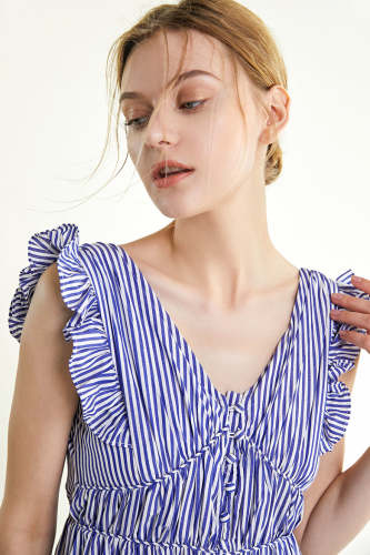 Dark Blue Sleeveless Striped Ruffled Midi Dress