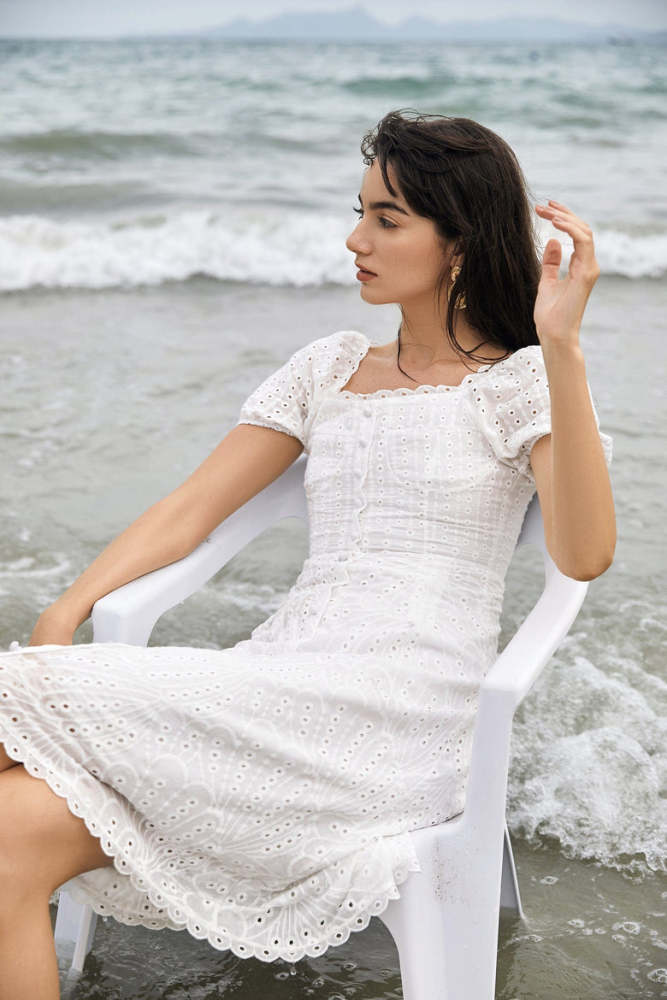 White Embroidered Button Front Midi Dress