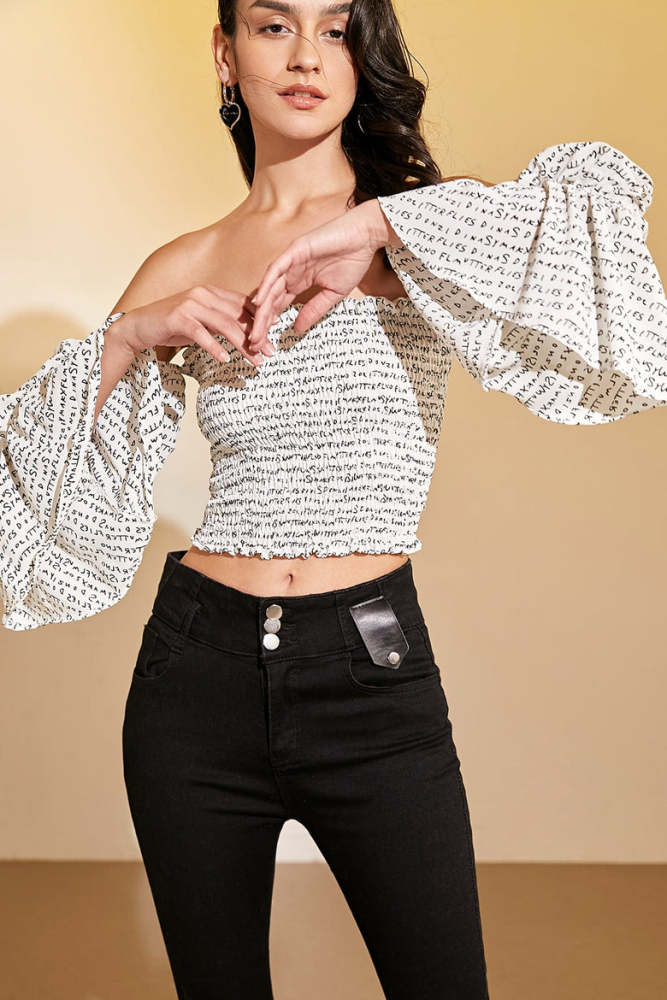 White Off-the-Shoulder Printed Blouse