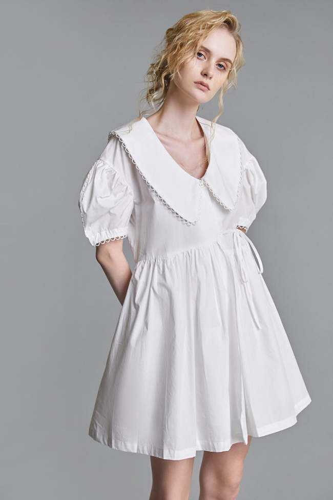 White Scallop-Edge Tie Side Puff Sleeve Collared Mini Dress