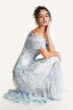 Light Sky Blue Floral Print Square Neck Puff Sleeve Maxi Dress