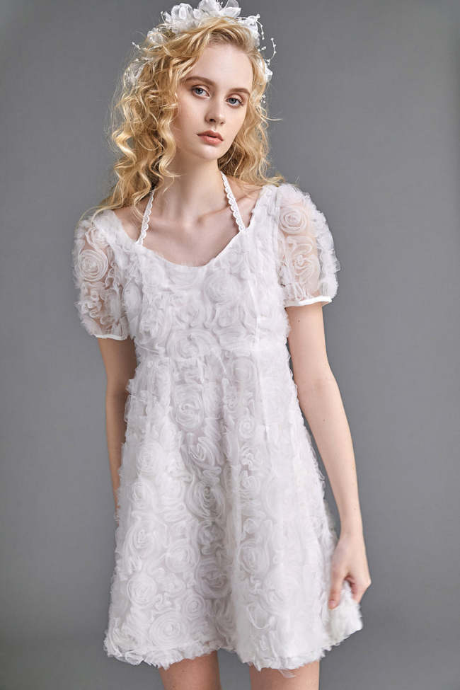 White Floral Applique Halter Puff Sleeves Mini Dress