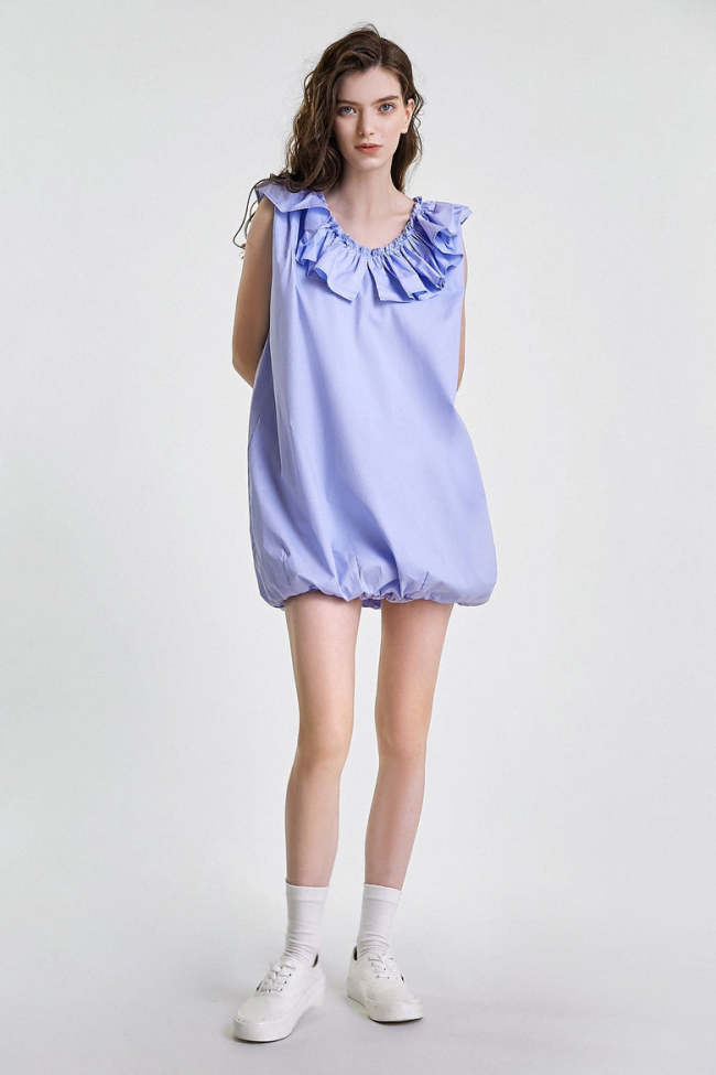 Light Steel Blue Ruffle-Trimmed Bubble Hem Mini Dress