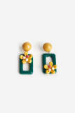 Dark Green Resin Flower Decor Rectangle Earrings