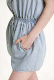 Light Blue Sleeveless Elastic Waist Button Front Denim Romper