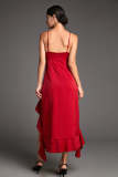 Crimson Satin Ruffled High-Low Maxi Dress