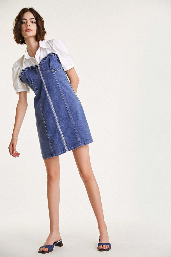 Royal Blue Collared Zip Front Denim Patchwork Mini Dress