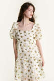 Light Yellow Floral Print Square Neck Mini Dress