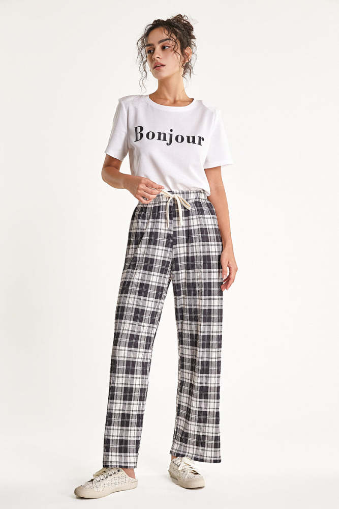 Black Checked Pleated Drawstring Wide Leg Pants