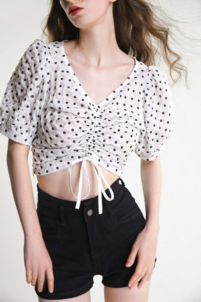 White Floral Print Ruched Drawstring Cropped Blouse