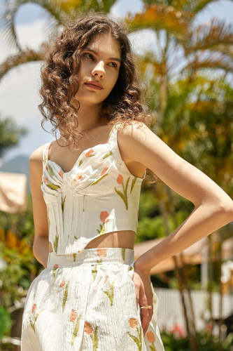 Flash Sale                White Tulip Print Pleated Bust Corset Detail Crop Top