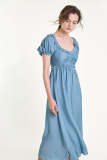 Light Blue Ruffled Pleat Detail Puff Sleeve Maxi Dress
