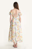 Multicolor Floral Print Off-the-Shoulder Lace-Up Maxi Dress