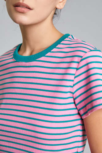 Pink Striped Ribbed Cropped T-Shirt