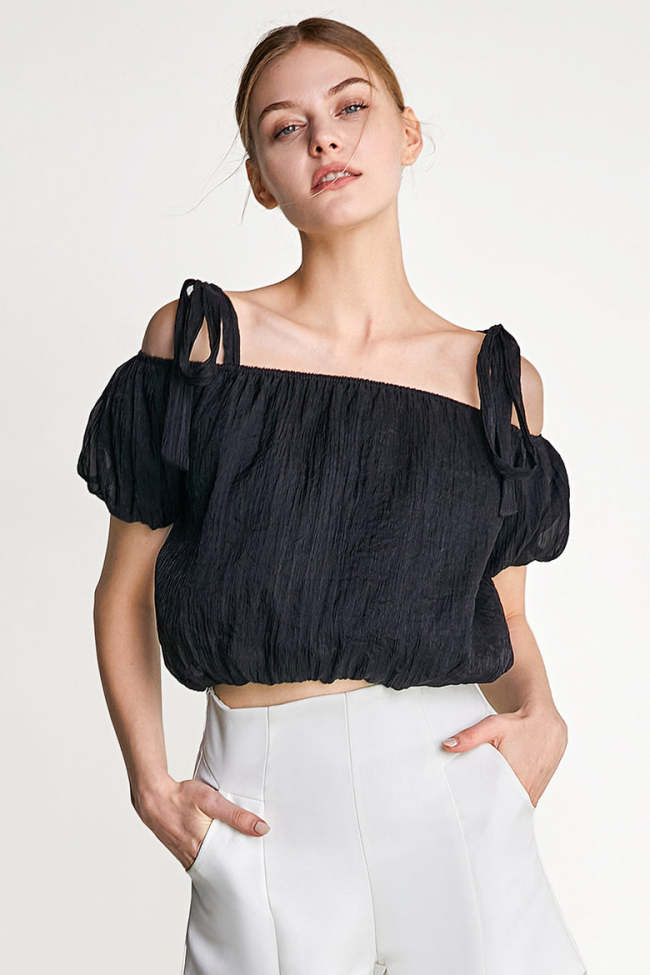 Black Tie Strap Off-the-Shoulder Crop Top