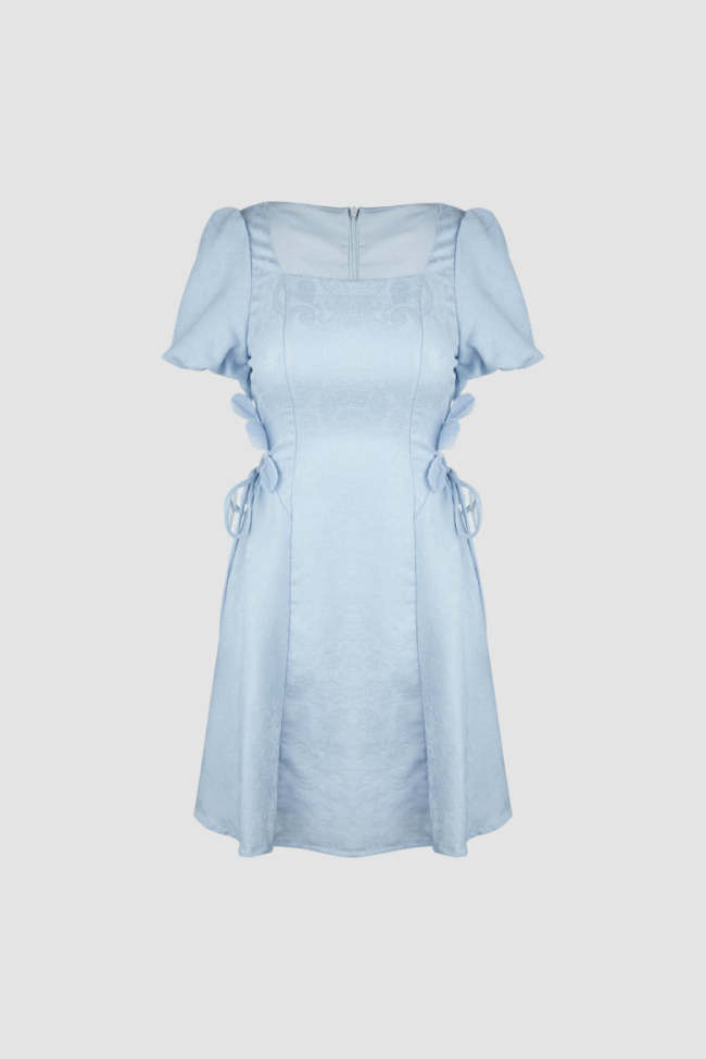 Light Blue Cut Out Drawstring Square Neck Mini Dress