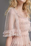 Pink Swiss Dot Mesh Ruffle Tiered Midi Dress