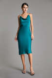 Teal Satin Cowl Neck Button Detail Slip Midi Dress