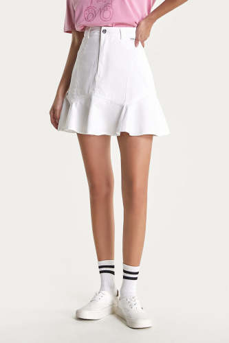 White High Rise Frill Hem Mini Denim Skirt