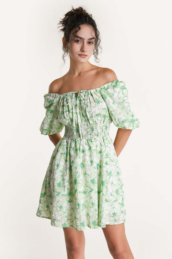 Light Green Off-the-Shoulder Floral Print Smocked Waist Mini Dress