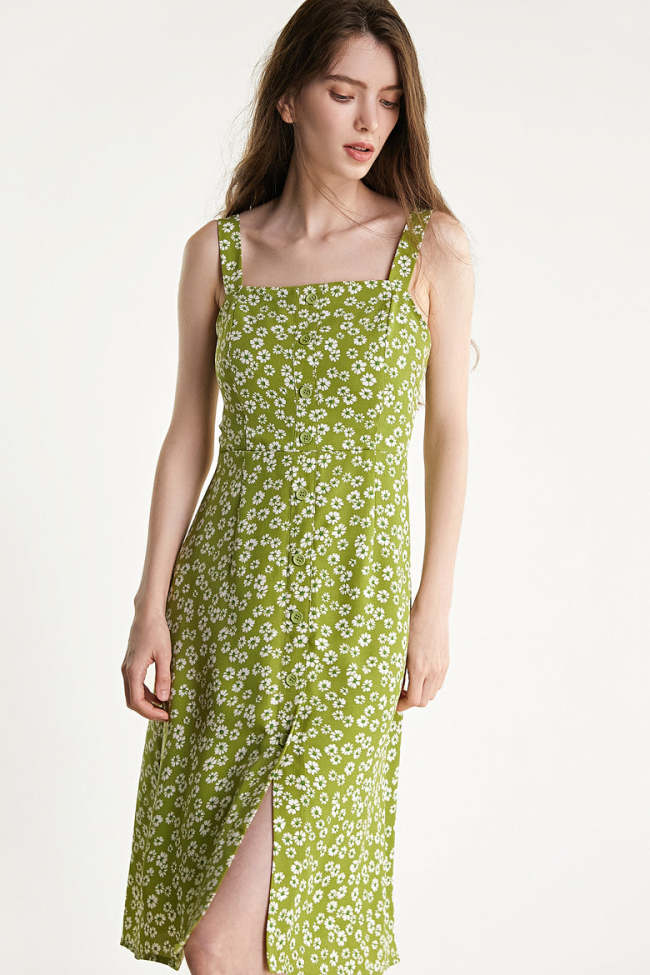 Olive Drab Floral Print Button Detail Slit Hem Midi Dress