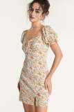 Multicolor Floral Print Puff Sleeve Slit Hem Midi Dress