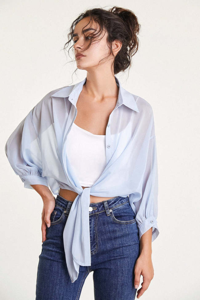 Light Blue Button Front Tie Detail Shirt
