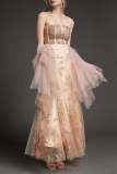 Pink Strapless Sequin Lace-Up Back Tulle Maxi Dress
