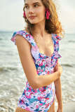 Light Sky Blue Ruffled Floral Print One-Piece Swimsuit