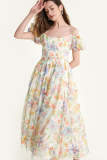 Multicolor Floral Print Off-the-Shoulder Lace-Up Maxi Dress