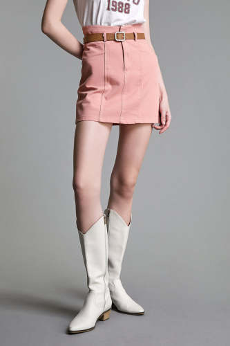 Pink Belted High Rise A-Line Mini Skirt