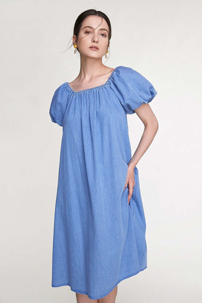 Medium Blue Wash Puff Sleeve Tie Detail Denim Midi Dress