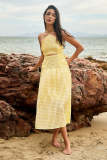 Lemon Chiffon Checked Crinkled Halterneck Cut Out Tie Back Maxi Dress
