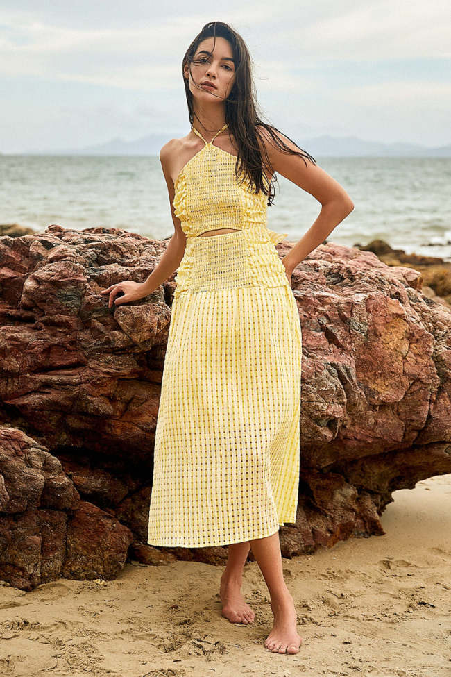 Lemon Chiffon Checked Crinkled Halterneck Cut Out Tie Back Maxi Dress