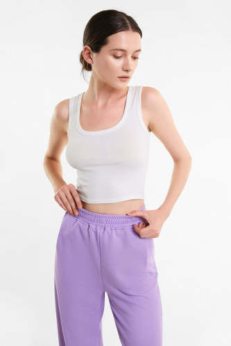 Flash Sale                White Cotton-Blend Scoop Neck Cropped Tank Top