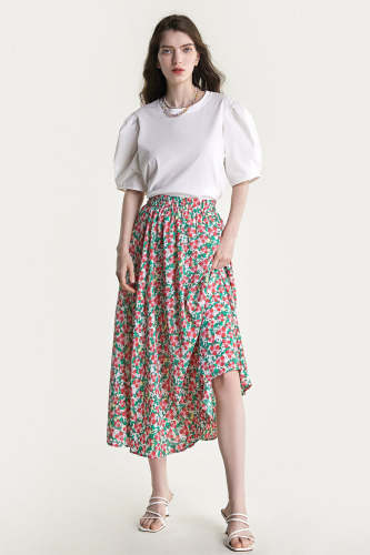 Multicolor Floral Print Elastic Waist Crinkled Midi Skirt