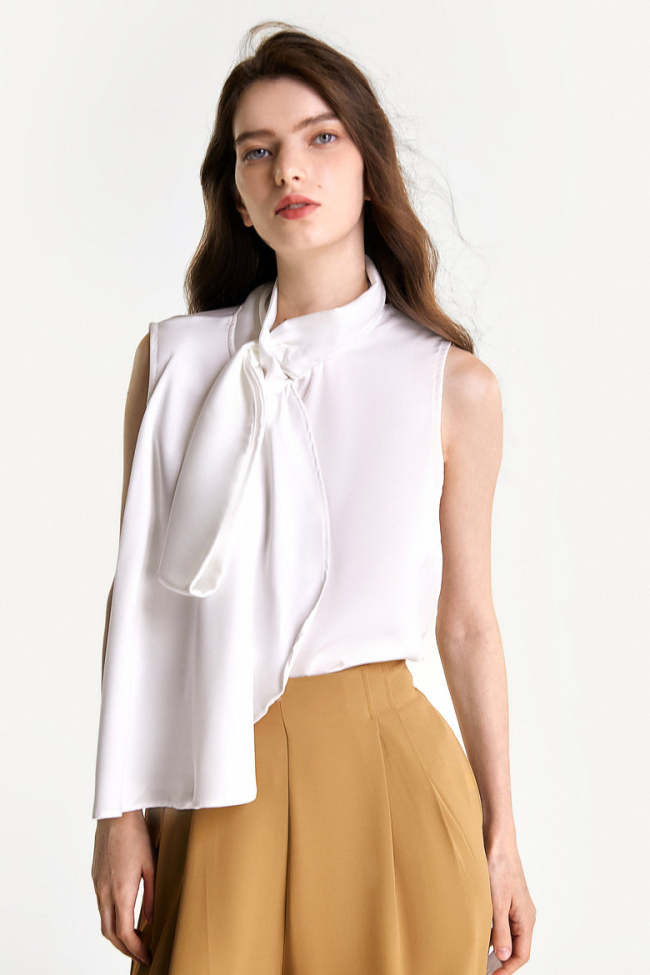 White Sleeveless Tie Neck Blouse