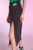 Black Denim Slit Hem Midi Skirt