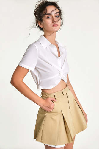 White Twist Front Short Sleeve Cropped Shirt