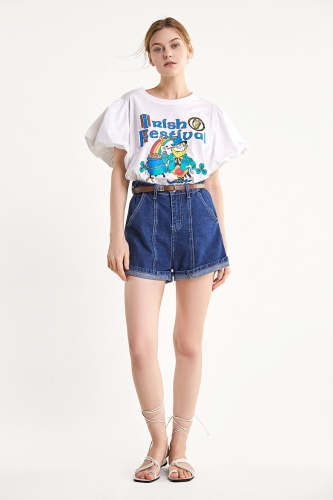 Flash Sale                White Graphic Puff Sleeve Cotton T-shirt